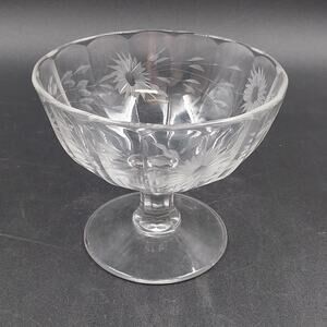 Elegant Glass Etched Cut Compote Sunburst Floral Grannycore Footed 5.25"x4.5"